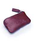 Miniature leather coin purse with key chain, purple, back