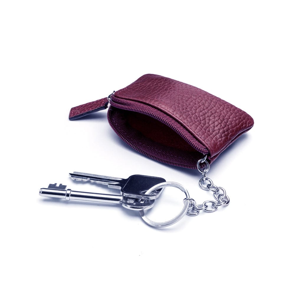 Miniature leather coin purse with key chain, purple, inside