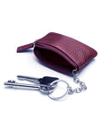 Miniature leather coin purse with key chain, purple, inside