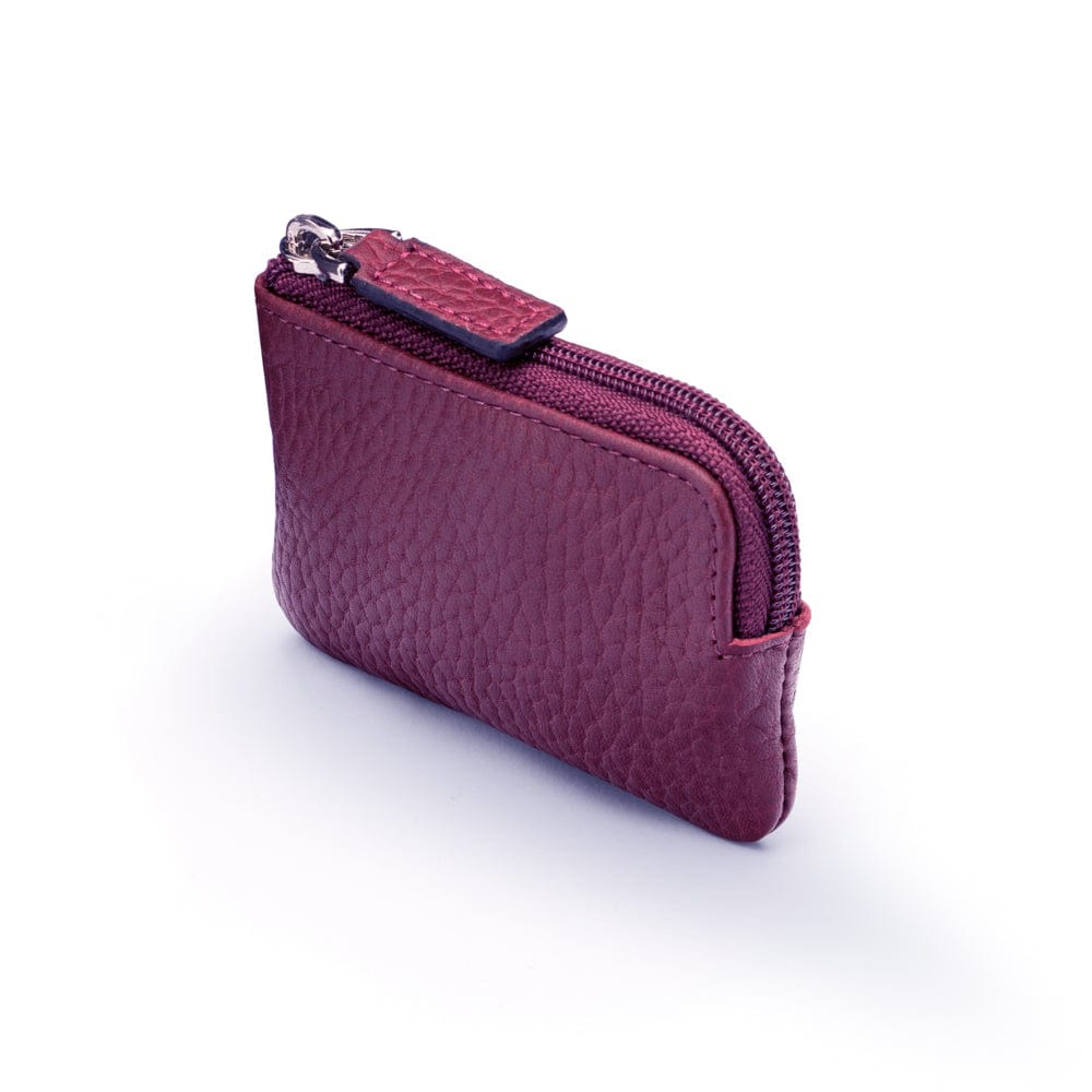 Miniature leather coin purse with key chain, purple, top