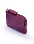 Miniature leather coin purse with key chain, purple, top