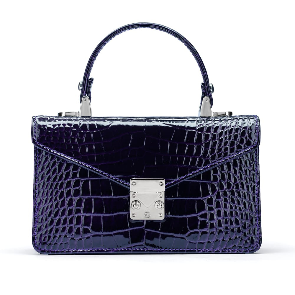 Luxury Leather Maya Top Handle Crossbody Bag, Purple Patent Croc, front