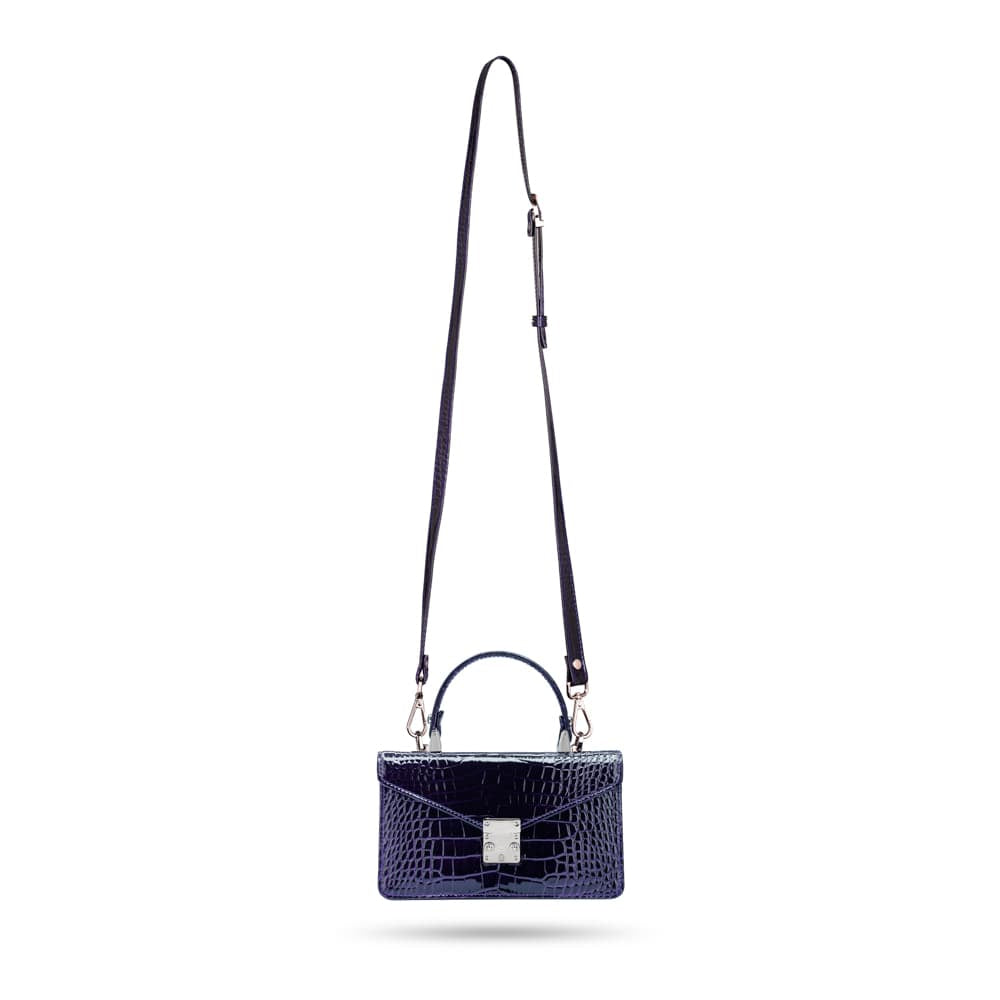 Luxury Leather Maya Top Handle Crossbody Bag, Purple Patent Croc, with long shoulder strap