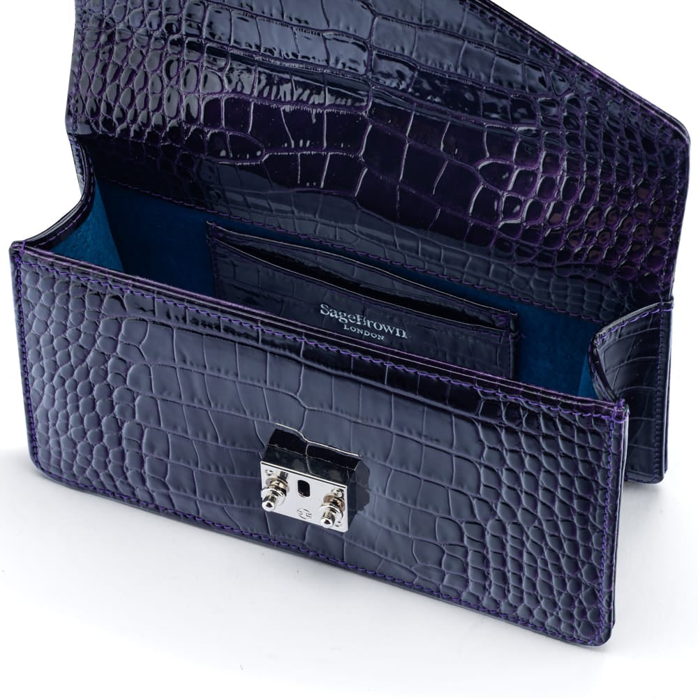 Luxury Leather Maya Top Handle Crossbody Bag, Purple Patent Croc, inside