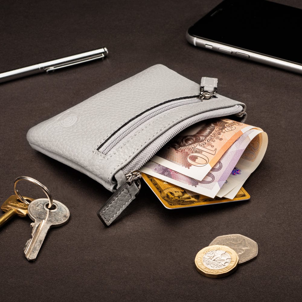 RFID Small leather zip coin pouch, grey pebble grain, lifestyle