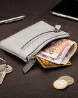 RFID Small leather zip coin pouch, grey pebble grain, lifestyle