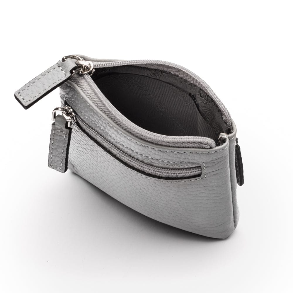 RFID Small leather zip coin pouch, grey pebble grain, inside