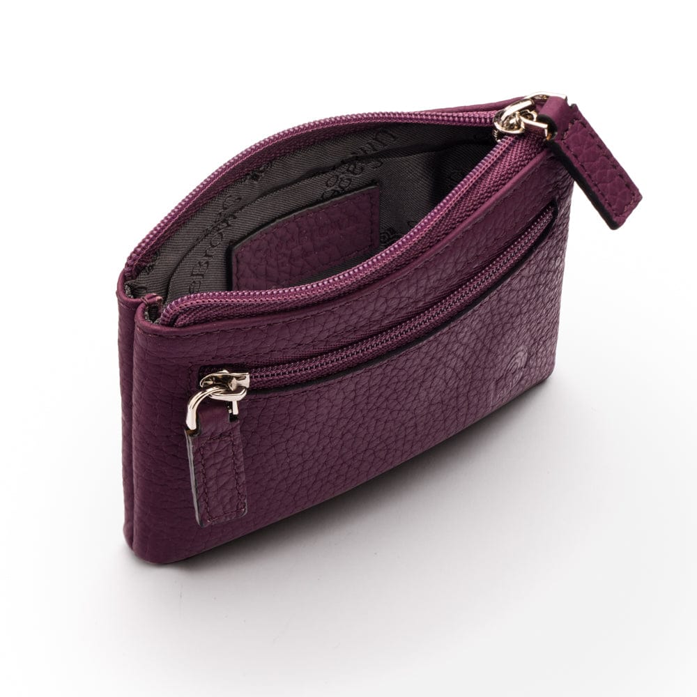 RFID Small leather zip coin pouch, purple pebble grain, open
