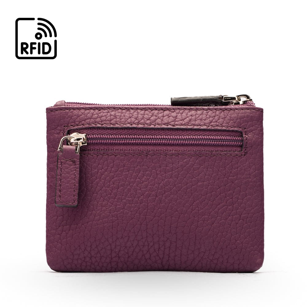 RFID Small leather zip coin pouch, purple pebble grain, front view
