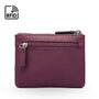 RFID Small leather zip coin pouch, purple pebble grain, front view