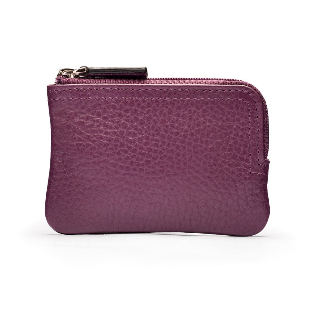 Small leather coin purse with key chain, purple, front