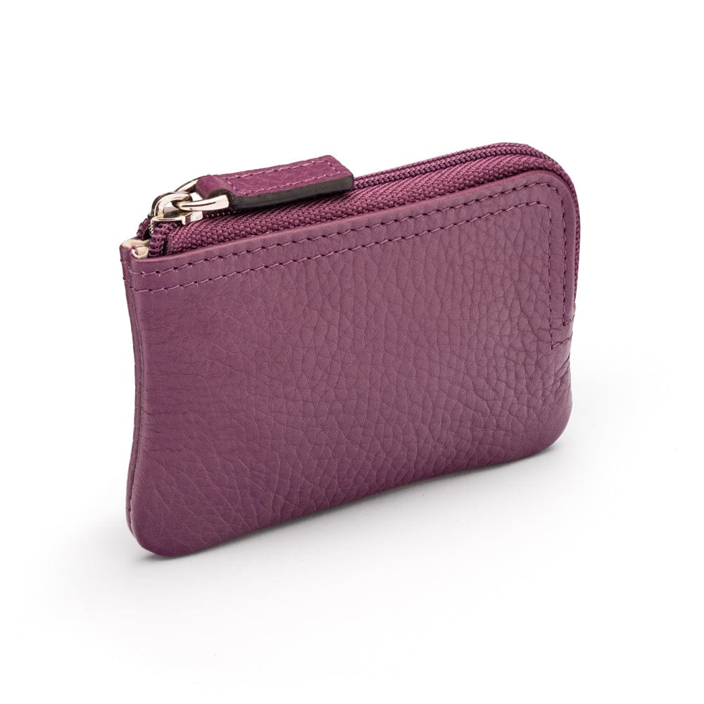 Small leather coin purse with key chain, purple, top