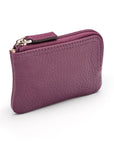 Small leather coin purse with key chain, purple, top