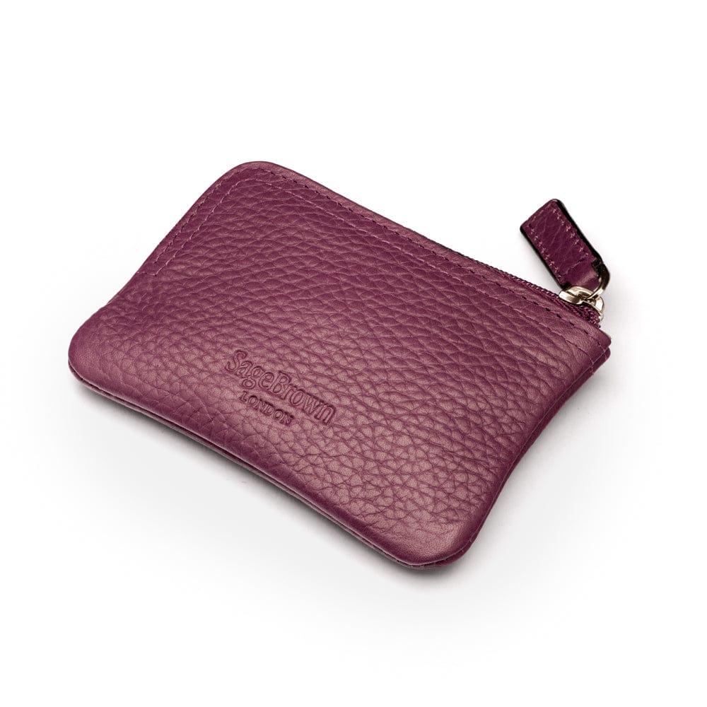 Small leather coin purse with key chain, purple, back