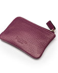 Small leather coin purse with key chain, purple, back