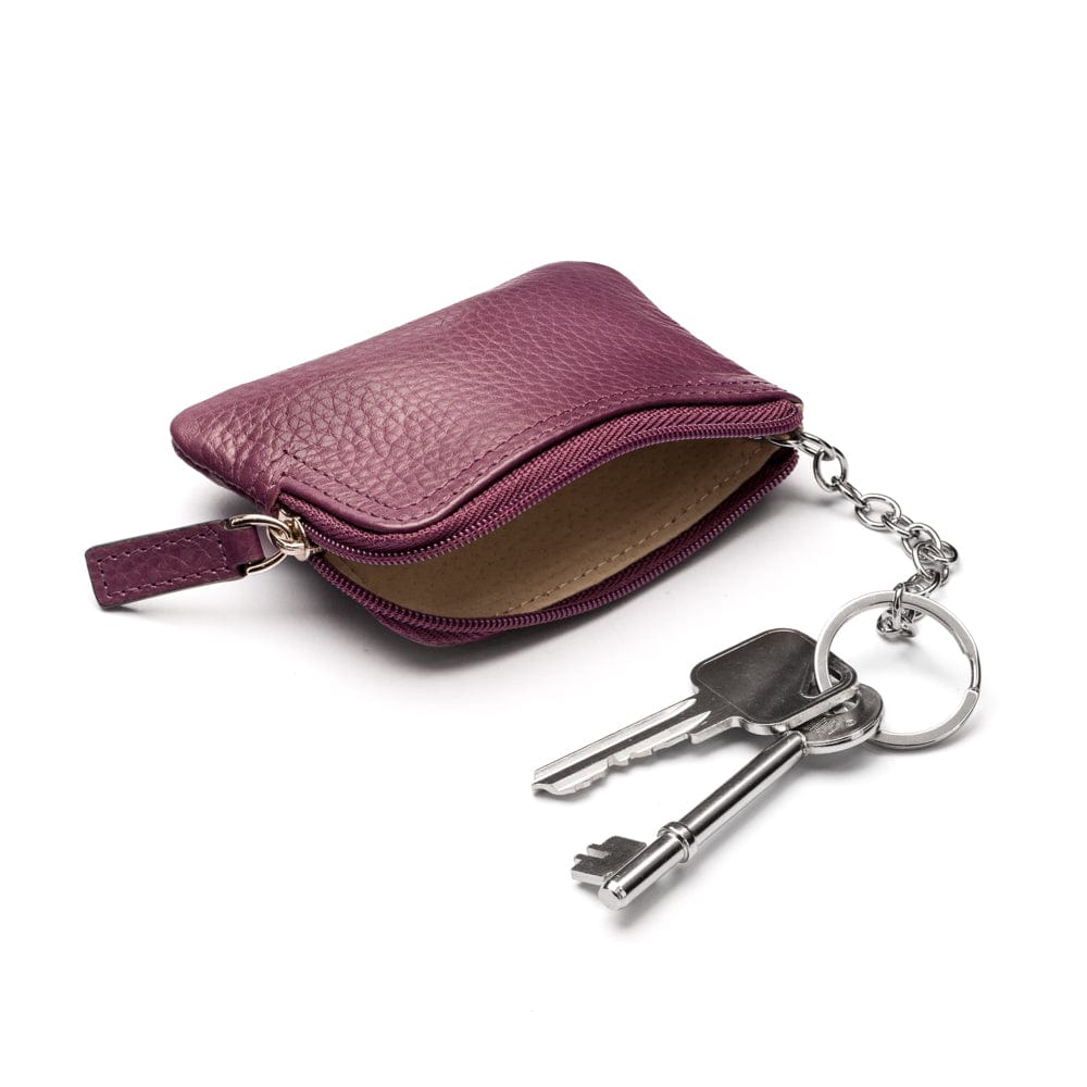 Small leather coin purse with key chain, purple, inside