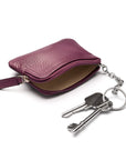 Small leather coin purse with key chain, purple, inside