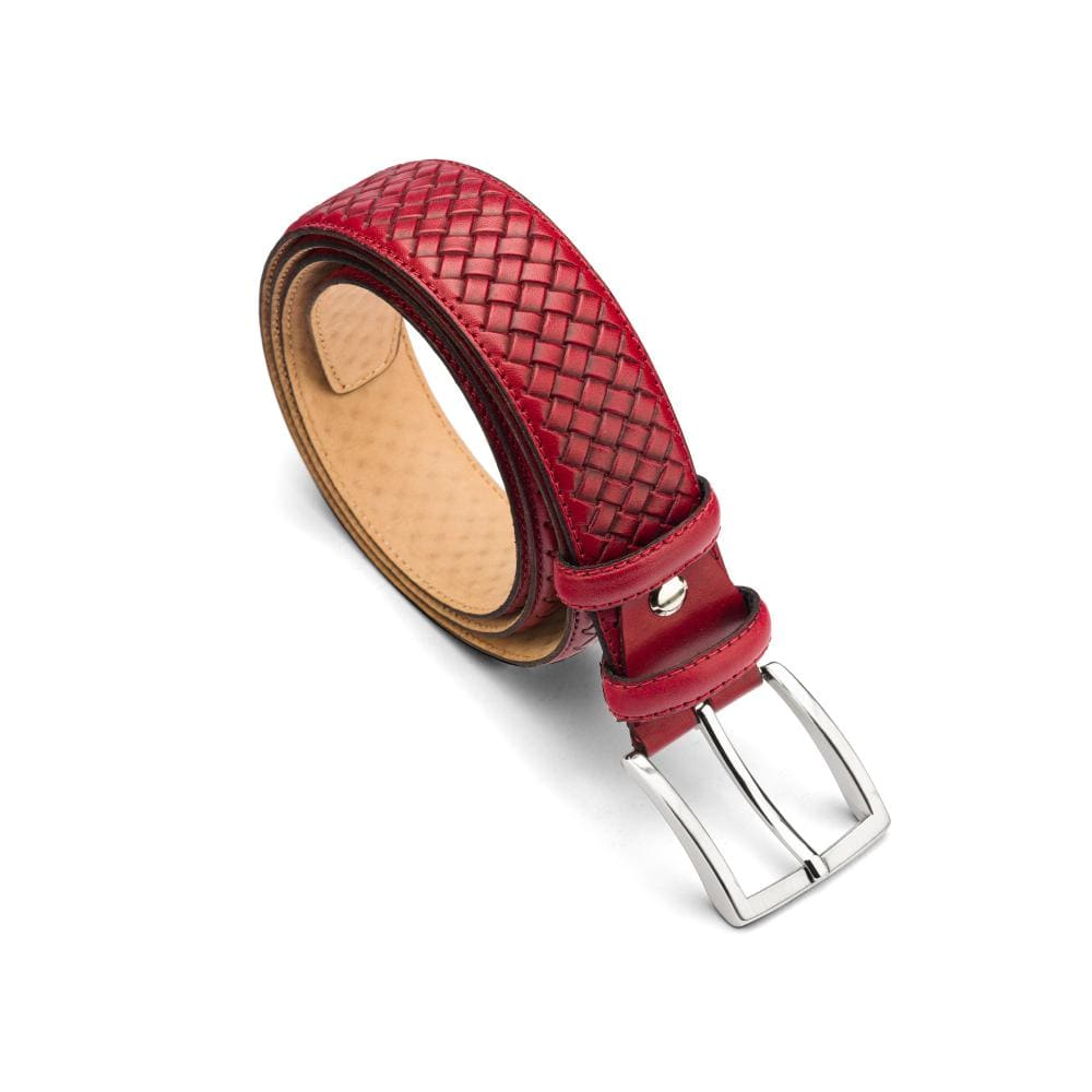 Woven leather belt for men, red