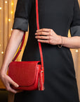 Leather saddle bag, red croc, lifestyle