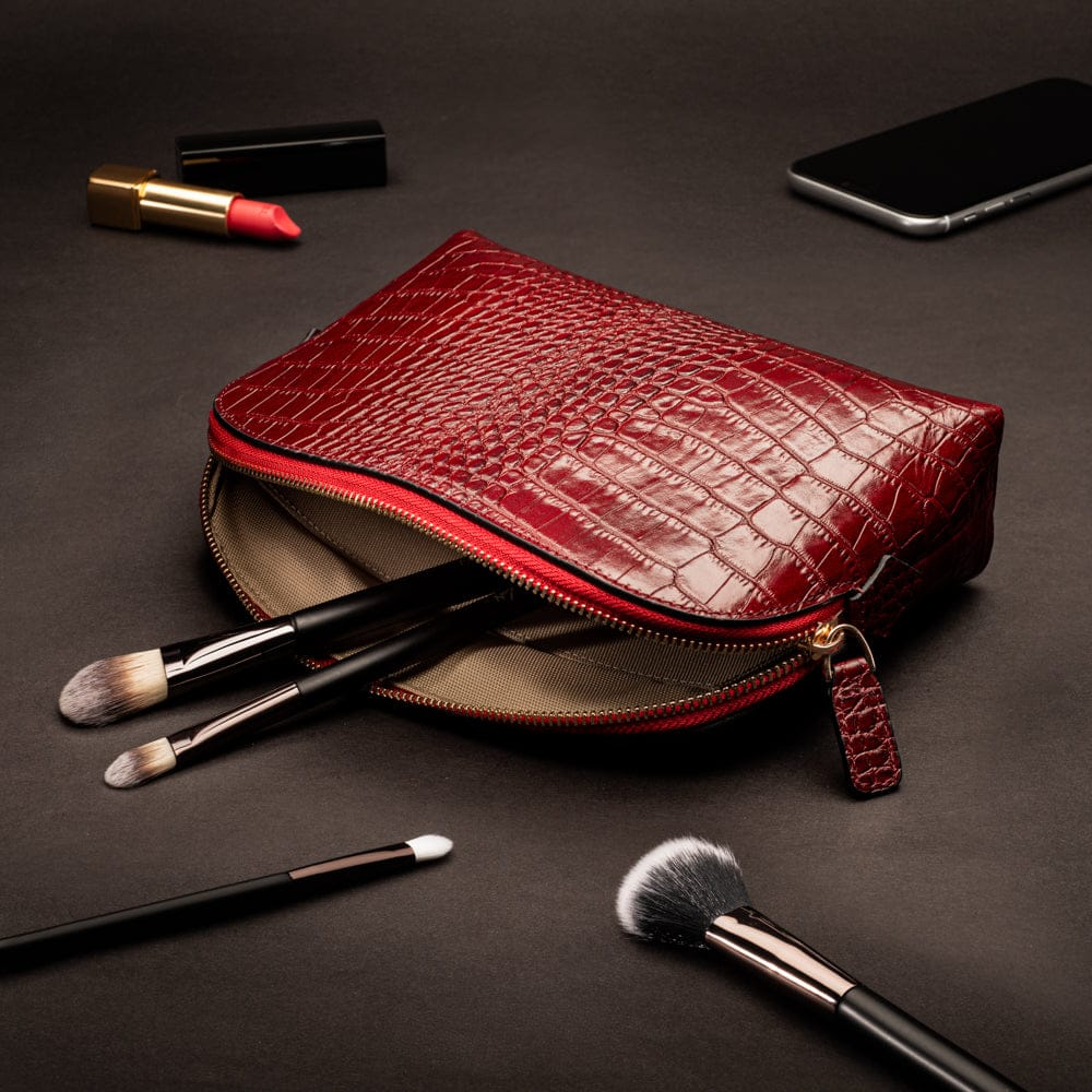 Leather cosmetic bag, red croc, lifstyle