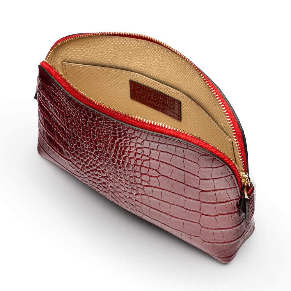 Leather cosmetic bag, red croc, open