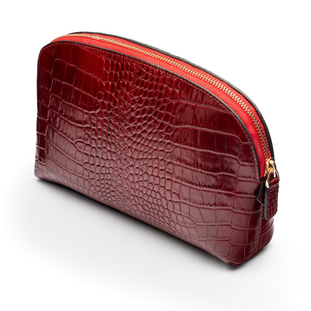 Leather cosmetic bag, red croc, front view