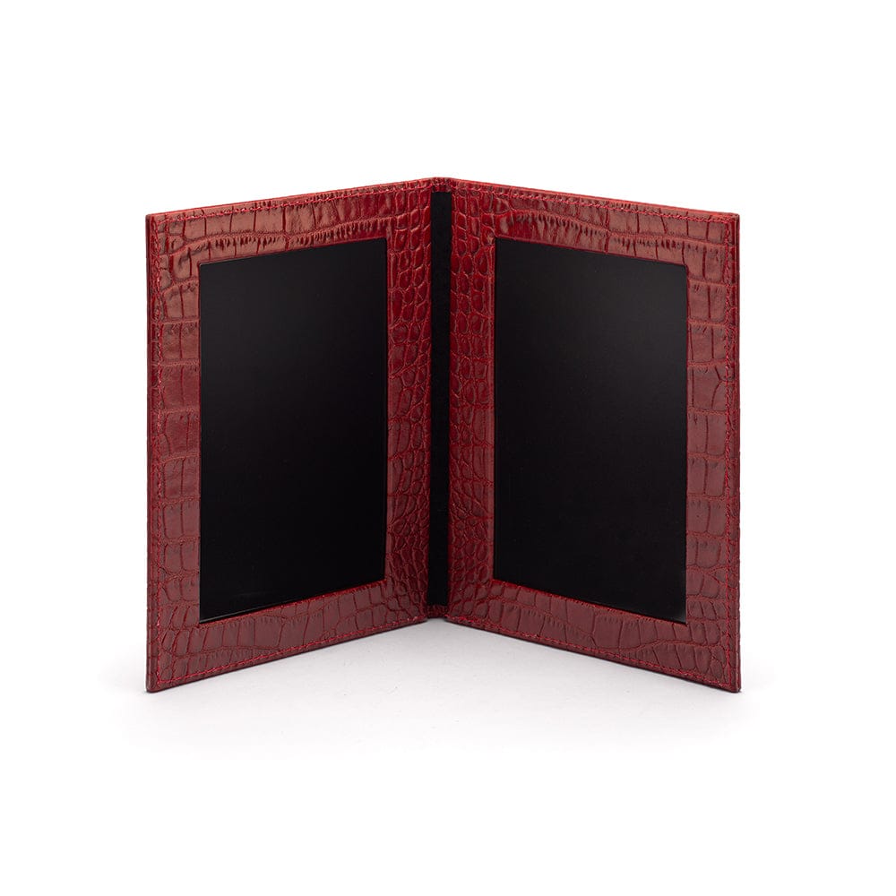 Double leather photo frame, red croc, 6 x 4", open