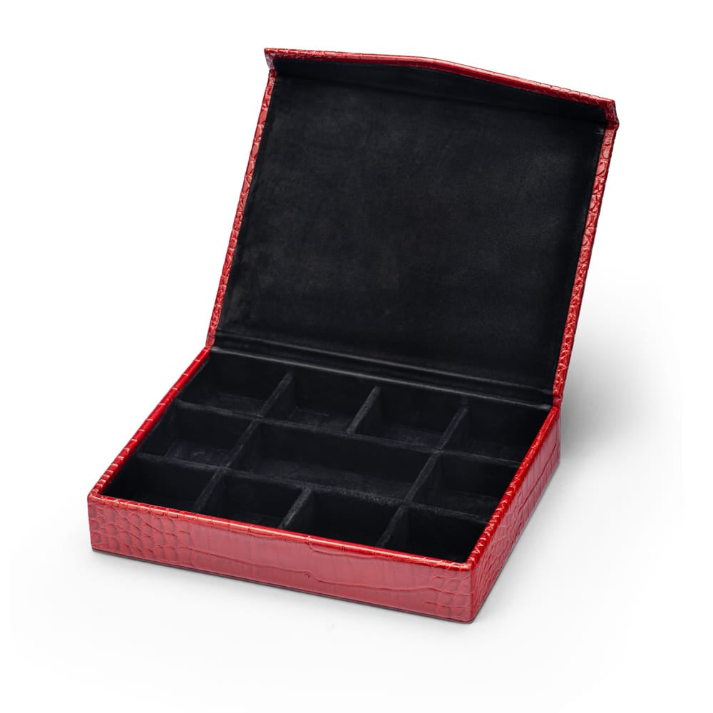Large Leather Cufflink And Jewellery Box, Red Croc Effect With Black, inside