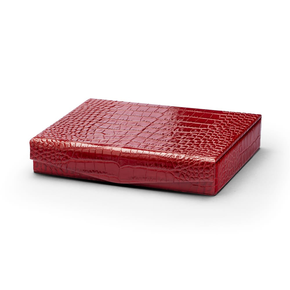 Large Leather Cufflink And Jewellery Box, Red Croc Effect With Black, front