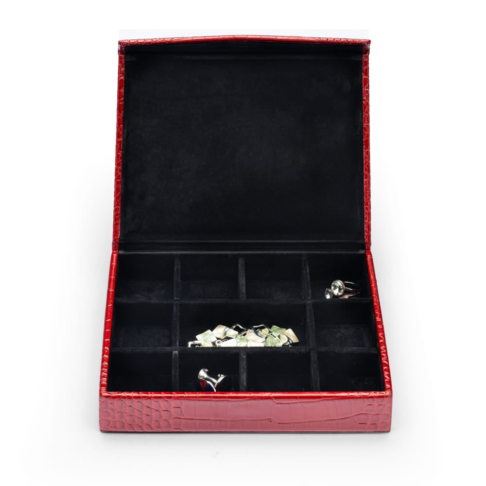 Large Leather Cufflink And Jewellery Box, Red Croc Effect With Black, open