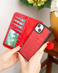 iPhone 15 case in leather with RFID, red croc, lifestyle