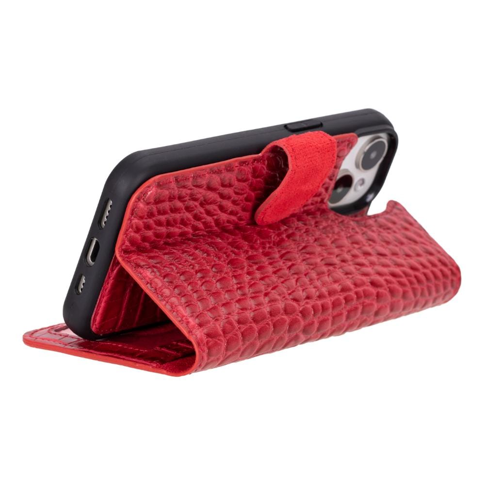 iPhone 15 case in leather with RFID, red croc, foldable design