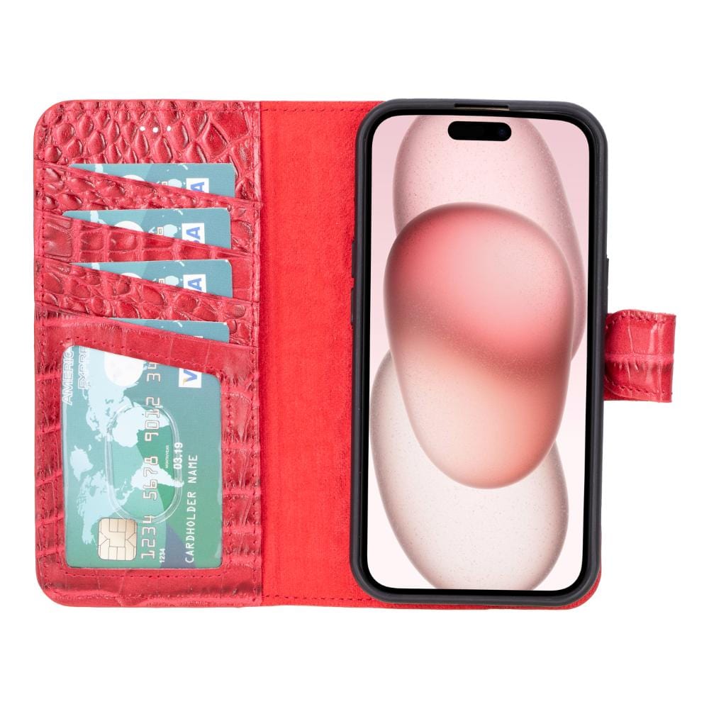 iPhone 15 case in leather with RFID, red croc, inside view