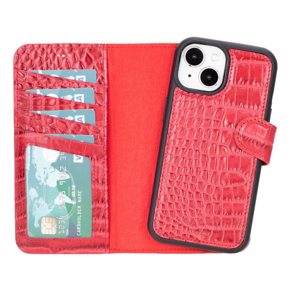 iPhone 15 case in leather with RFID, red croc