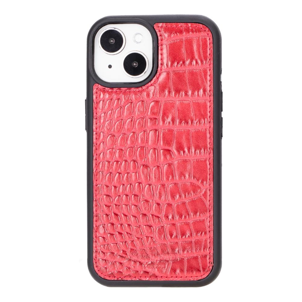 iPhone 15 case in leather with RFID, red croc, back cover