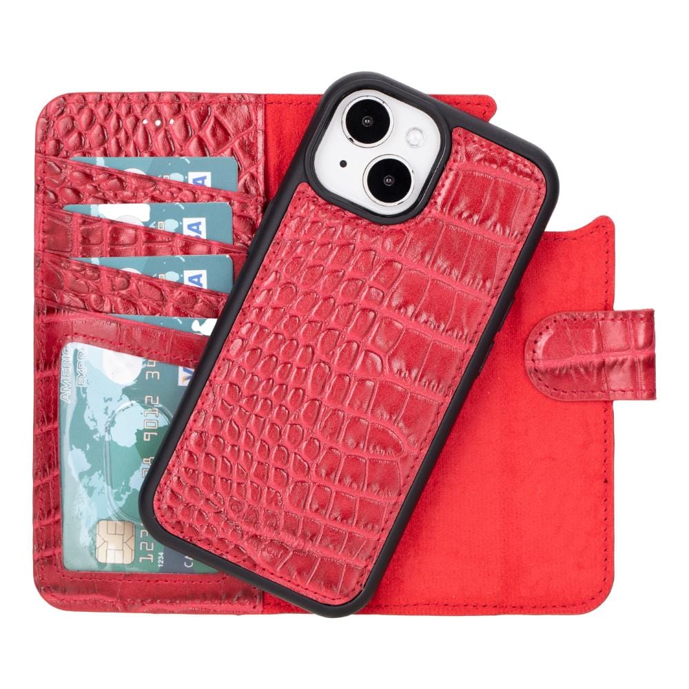 iPhone 15 case in leather with RFID, red croc, detachable back cover