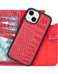 iPhone 15 case in leather with RFID, red croc, detachable back cover