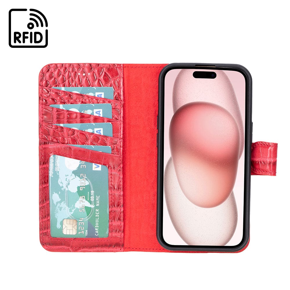 iPhone 15 case in leather with RFID, red croc, inside