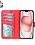 iPhone 15 case in leather with RFID, red croc, inside