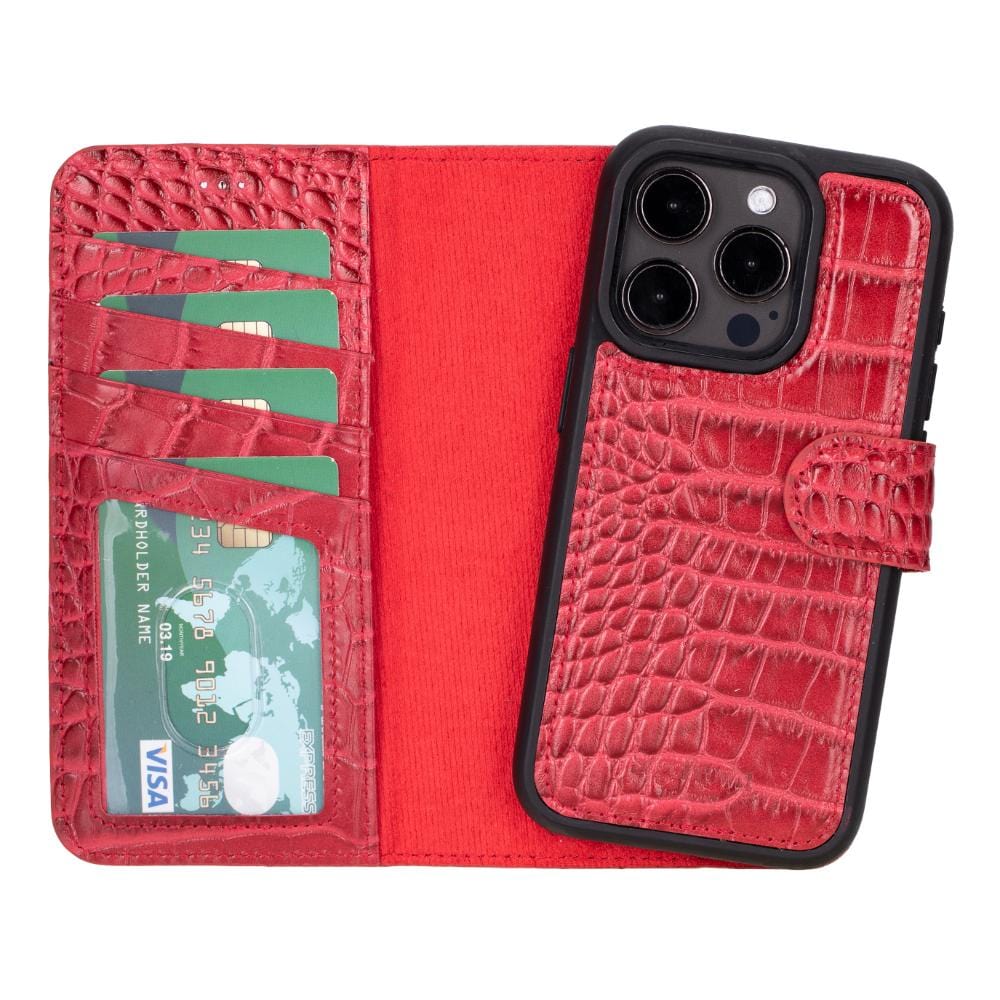 iPhone 15 Pro case in leather with RFID, red croc, open