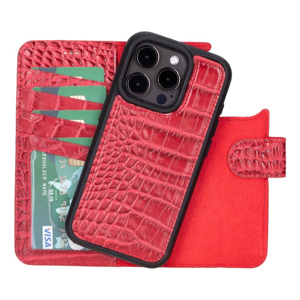 iPhone 15 Pro case in leather with RFID, red croc, with detachable back cover