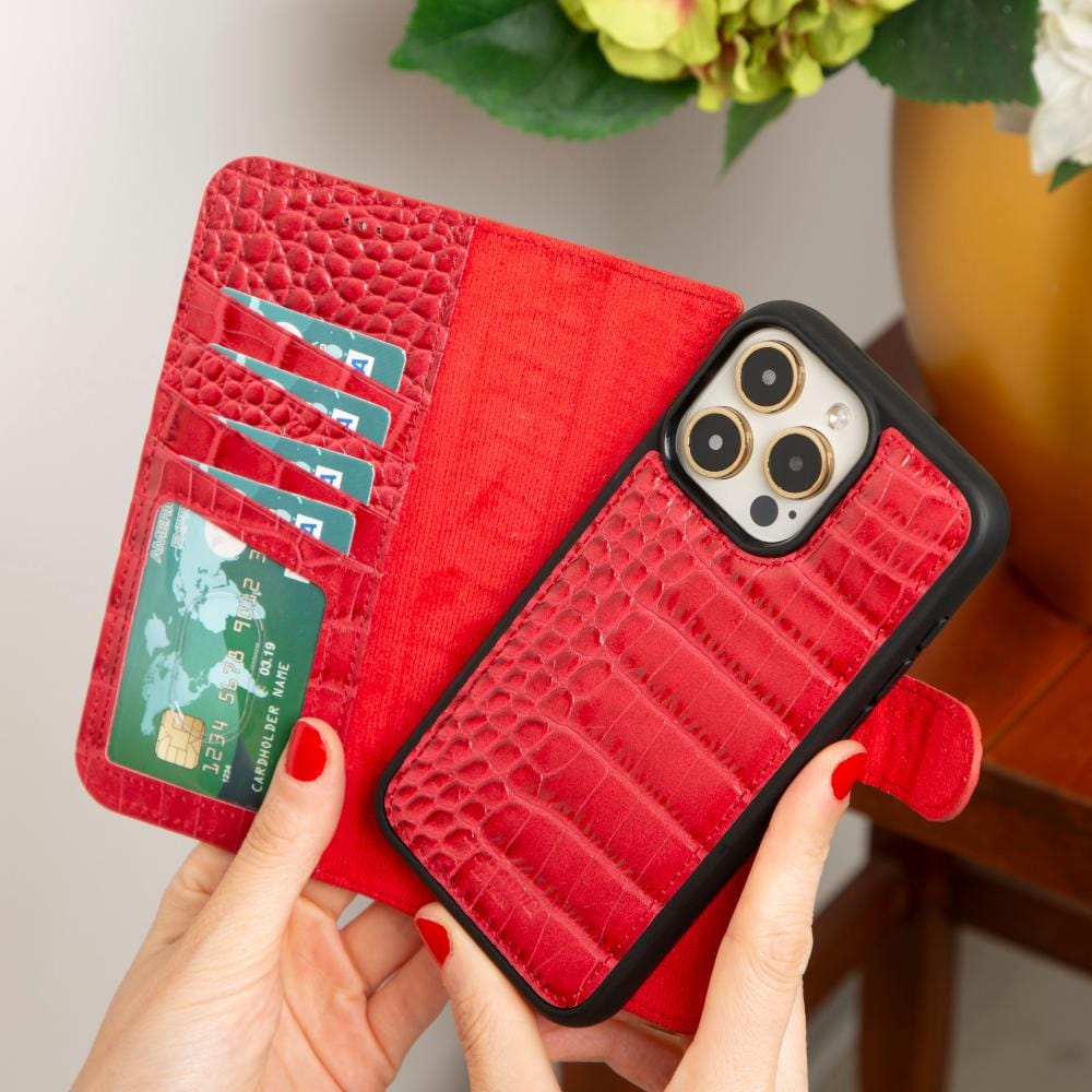 iPhone 15 Pro case in leather with RFID, red croc, lifestyle