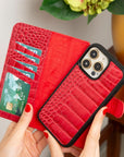 iPhone 15 Pro case in leather with RFID, red croc, lifestyle