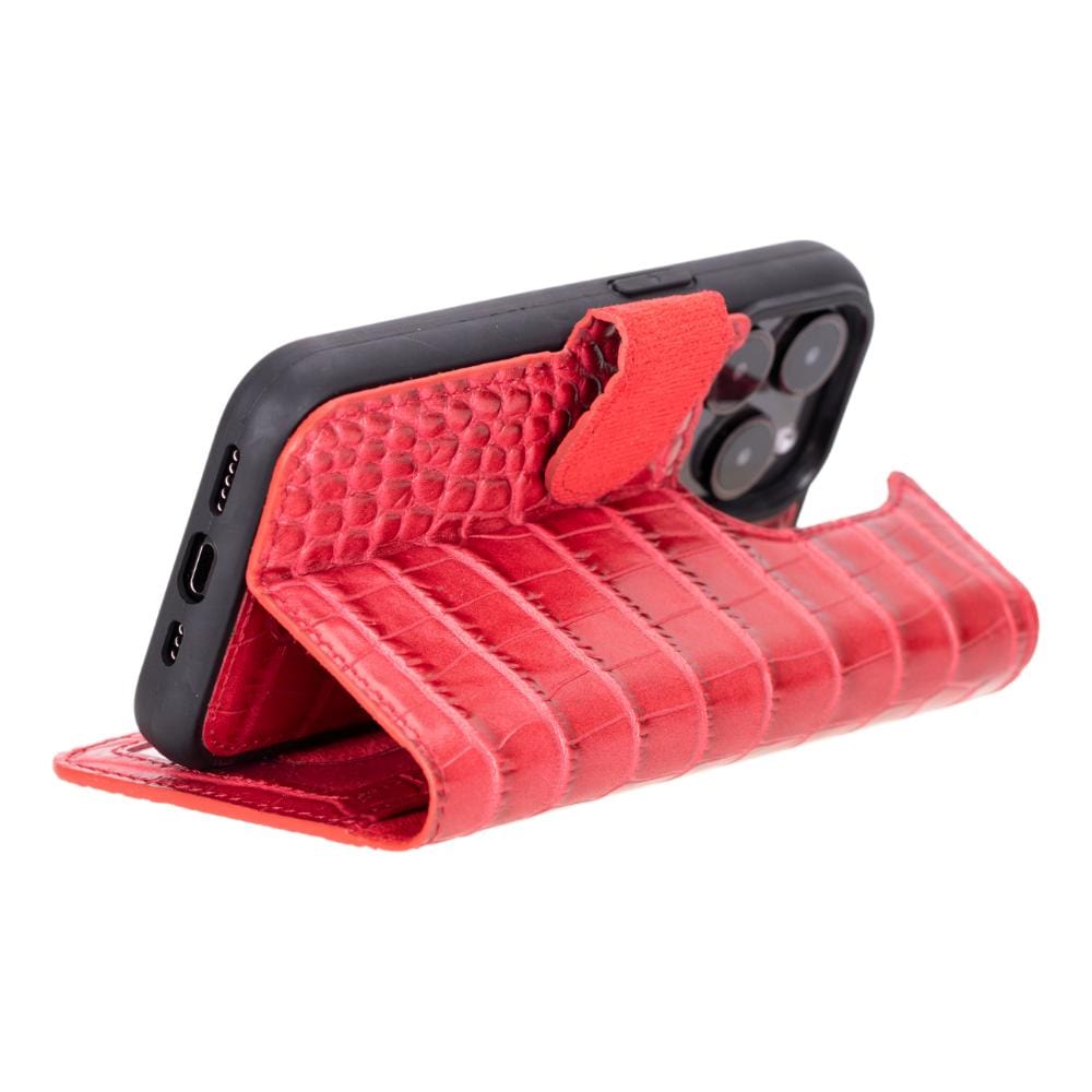 iPhone 15 Pro case in leather with RFID, red croc, foldable design