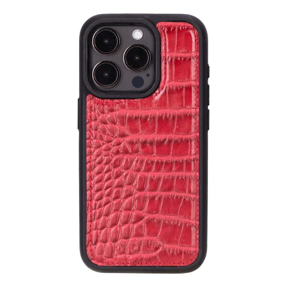 iPhone 15 Pro case in leather with RFID, red croc, back cover