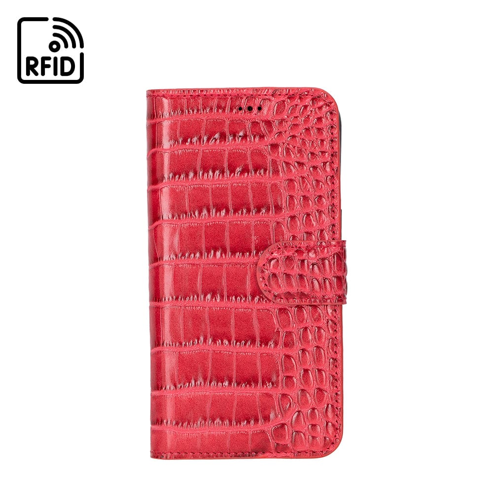 iPhone 15 Pro case in leather with RFID, red croc, front