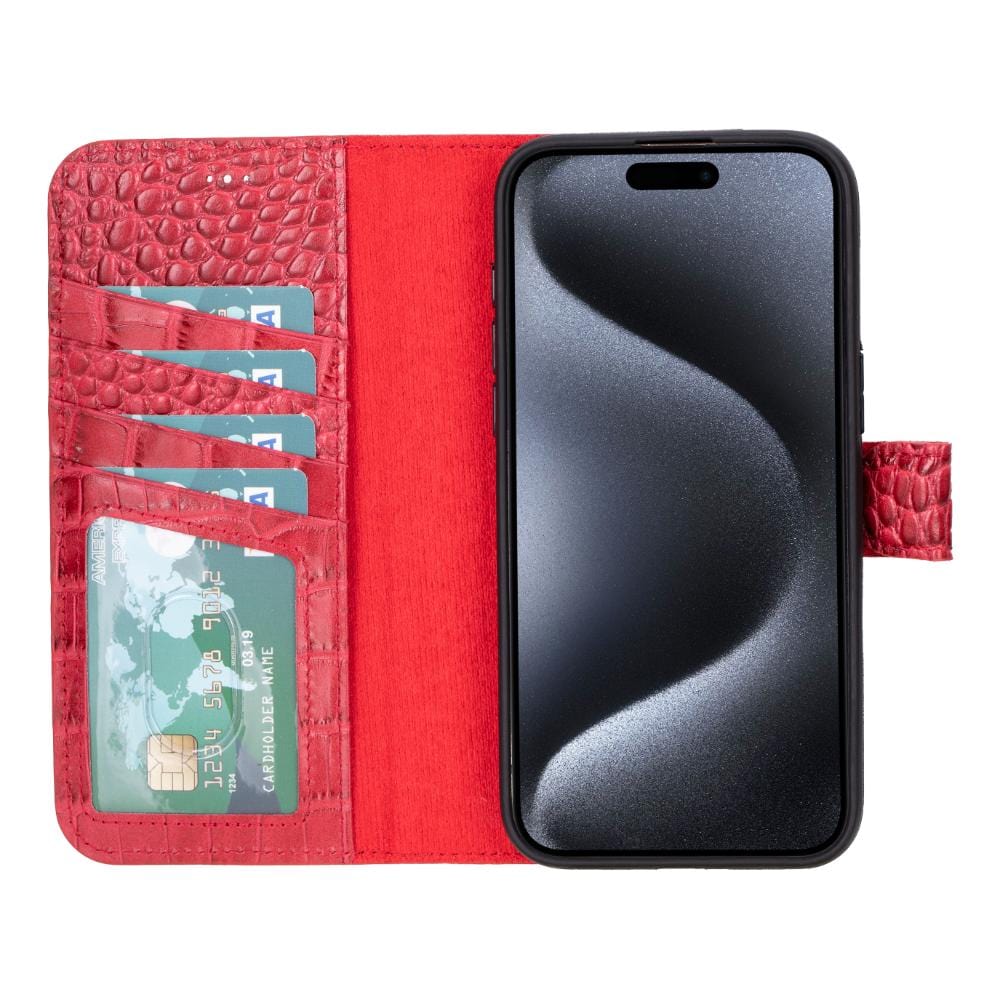 iPhone 15 Pro Max case in leather with RFID, red croc, inside