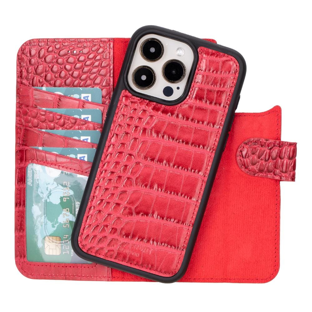 iPhone 15 Pro Max case in leather with RFID, red croc, detachable cradle