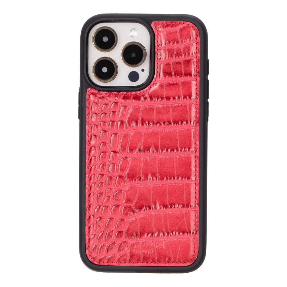 iPhone 15 Pro Max case in leather with RFID, red croc, back cover