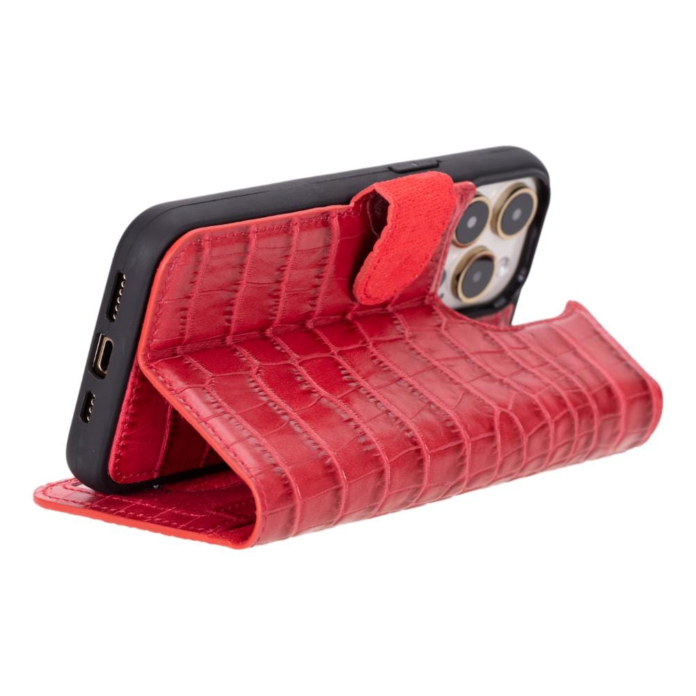 iPhone 15 Pro Max case in leather with RFID, red croc, foldable design